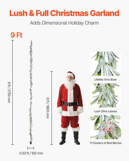 Weihnachtsgirlande, 2750 mm, realistische Tannenzweige, dekoriert mit Ranken, Olivenblättern und Beeren, künstliche Tannengirlande mit Lichterkette für die Weihnachtsdekoration im Innen- und Außenbereich, z. B. auf dem Kaminsims.
