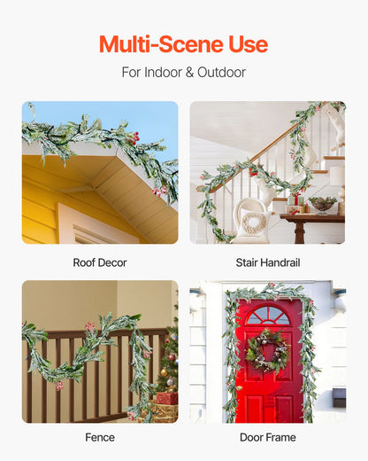 Weihnachtsgirlande, 2750 mm, realistische Tannenzweige, dekoriert mit Ranken, Olivenblättern und Beeren, künstliche Tannengirlande mit Lichterkette für die Weihnachtsdekoration im Innen- und Außenbereich, z. B. auf dem Kaminsims.