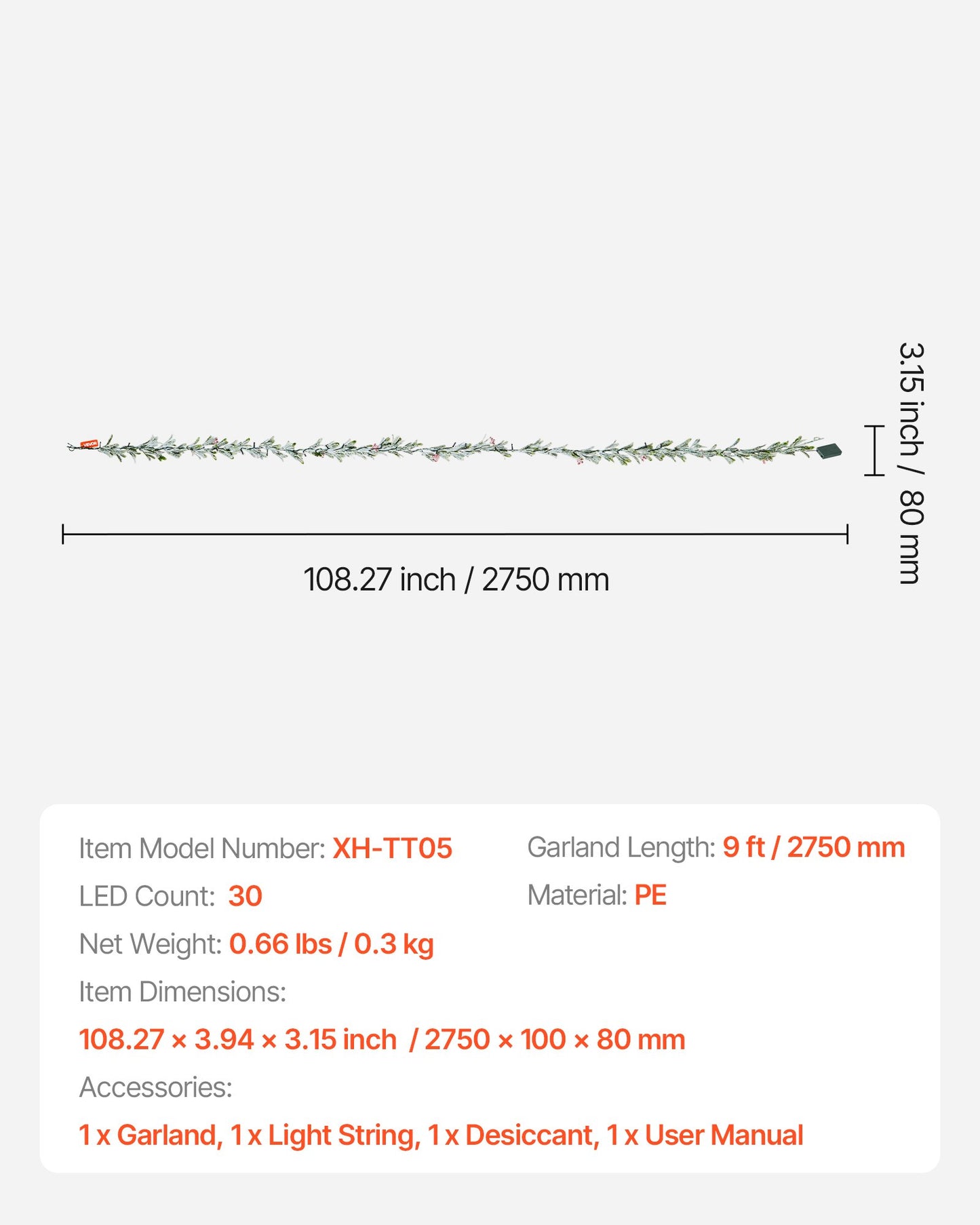 Weihnachtsgirlande, 2750 mm, realistische Tannenzweige, dekoriert mit Ranken, Olivenblättern und Beeren, künstliche Tannengirlande mit Lichterkette für die Weihnachtsdekoration im Innen- und Außenbereich, z. B. auf dem Kaminsims.