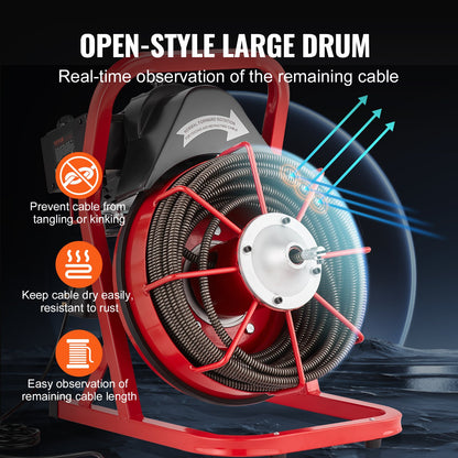 Drain Cleaner Machine 75FT x 1/2 Inch, Sewer Snake Auger Manual Feed, 370W Electric Drain Cleaning Machine with 4 Cutters & Air-activated Foot Switch for 2" to 4" Pipes