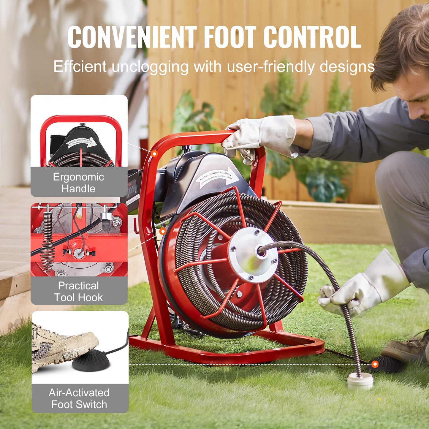 Drain Cleaner Machine 75FT x 1/2 Inch, Sewer Snake Auger Manual Feed, 370W Electric Drain Cleaning Machine with 4 Cutters & Air-activated Foot Switch for 2" to 4" Pipes