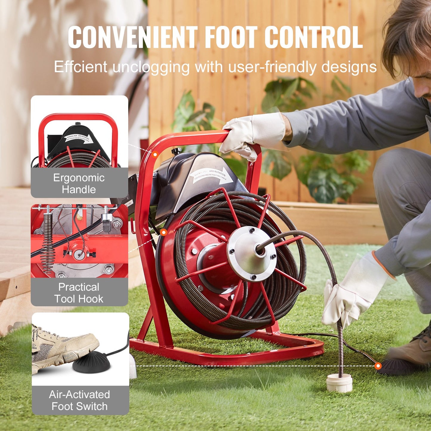 Rohrreinigungsmaschine 50 Fuß x 3/8 Zoll, manuelle Rohrreinigungsspirale, 250 W elektrische Rohrreinigungsmaschine mit 4 Schneidwerkzeugen und pneumatischem Fußschalter für 2" bis 4" Rohre