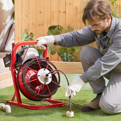 Rohrreinigungsmaschine 50 Fuß x 3/8 Zoll, manuelle Rohrreinigungsspirale, 250 W elektrische Rohrreinigungsmaschine mit 4 Schneidwerkzeugen und pneumatischem Fußschalter für 2" bis 4" Rohre