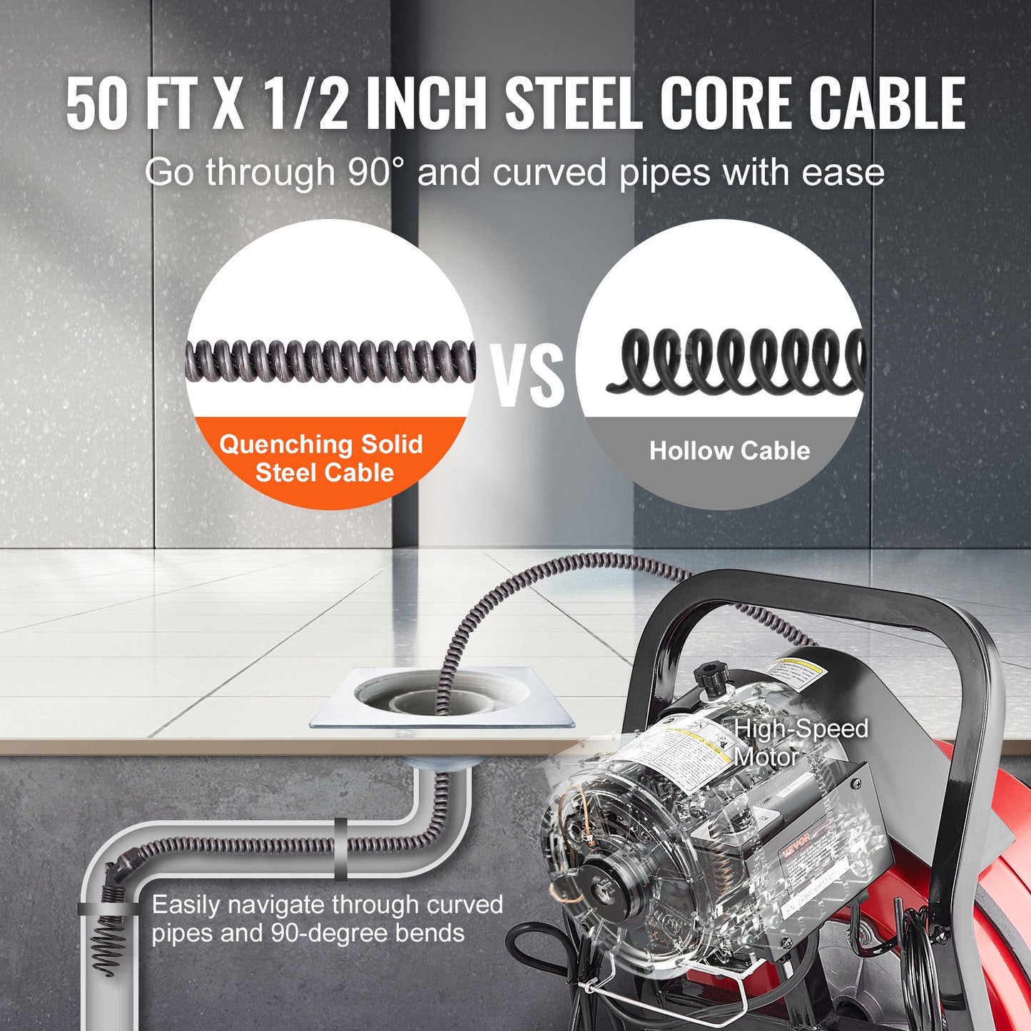 Drain Cleaner Machine 50FT x 1/2 Inch, Manual Feed Sewer Snake Auger - with Wheels, 4 Cutters & Air-activated Foot Switch for 2" to 4" Pipes