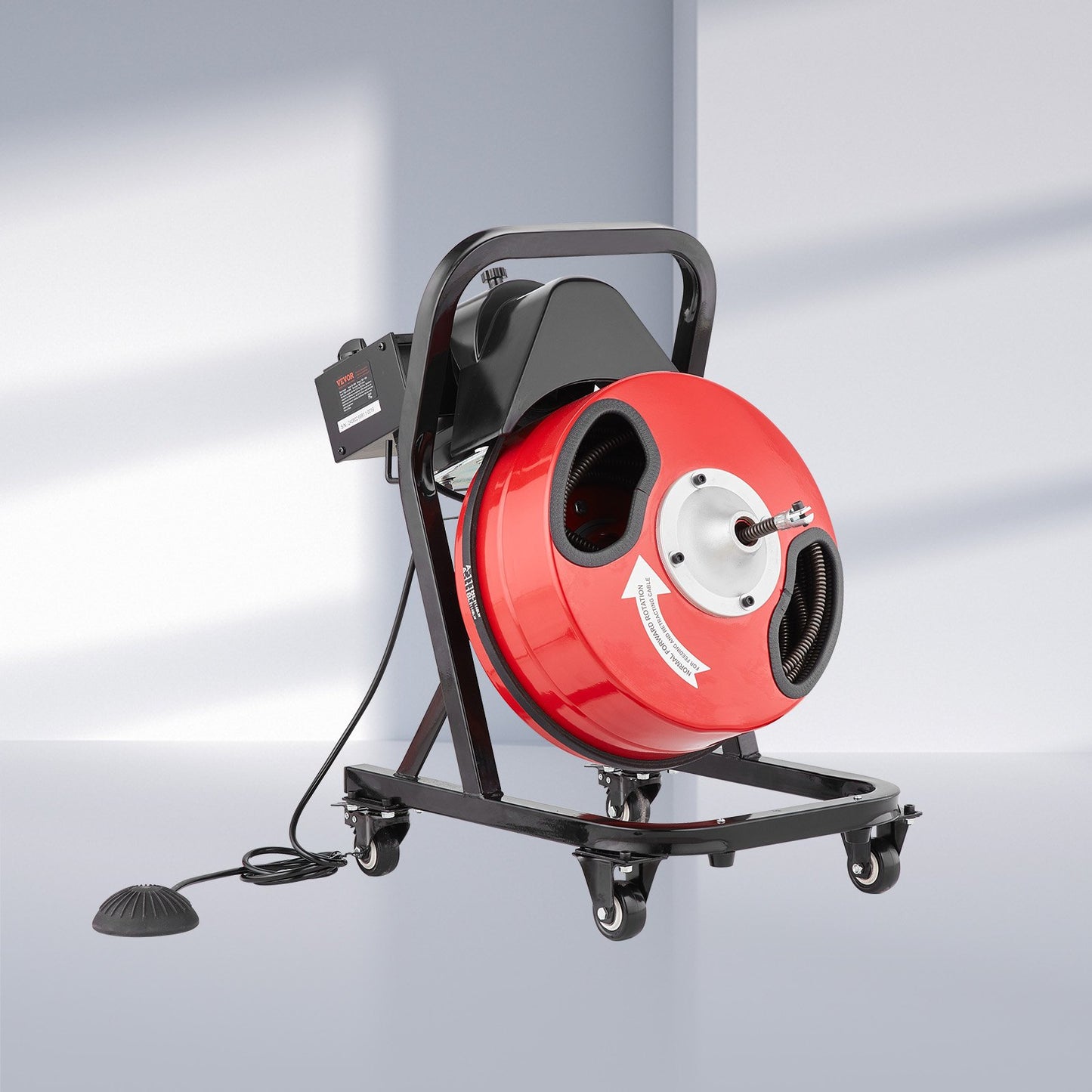 Drain Cleaner Machine 50FT x 1/2 Inch, Manual Feed Sewer Snake Auger - with Wheels, 4 Cutters & Air-activated Foot Switch for 2" to 4" Pipes