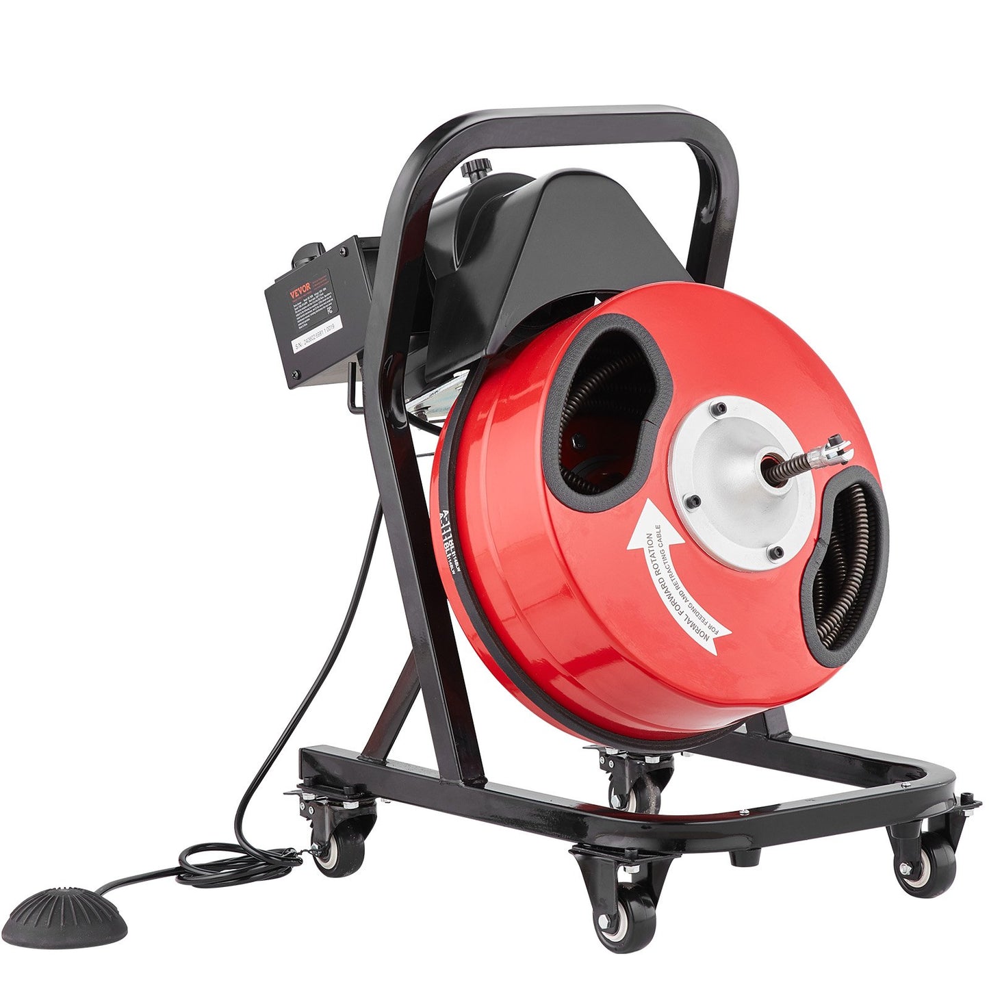 Drain Cleaner Machine 50FT x 1/2 Inch, Manual Feed Sewer Snake Auger - with Wheels, 4 Cutters & Air-activated Foot Switch for 2" to 4" Pipes