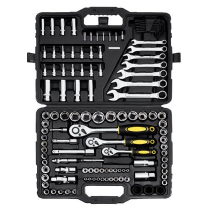 121-Piece Mechanics Tool Set, 1/4" 3/8" 1/2" Drive Sockets, SAE and Metric Mechanic Tool Kit with Bits, Wrenches, Ratchet Handle, Accessories, and Plastic Storage Case, for Automotive Repair