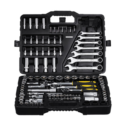 121-Piece Mechanics Tool Set, 1/4" 3/8" 1/2" Drive Sockets, SAE and Metric Mechanic Tool Kit with Bits, Wrenches, Ratchet Handle, Accessories, and Plastic Storage Case, for Automotive Repair