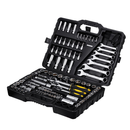 121-Piece Mechanics Tool Set, 1/4" 3/8" 1/2" Drive Sockets, SAE and Metric Mechanic Tool Kit with Bits, Wrenches, Ratchet Handle, Accessories, and Plastic Storage Case, for Automotive Repair