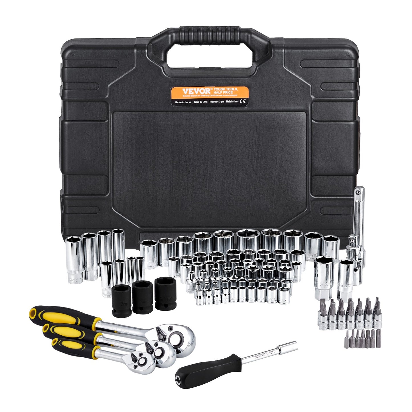 121-Piece Mechanics Tool Set, 1/4" 3/8" 1/2" Drive Sockets, SAE and Metric Mechanic Tool Kit with Bits, Wrenches, Ratchet Handle, Accessories, and Plastic Storage Case, for Automotive Repair