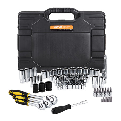 121-Piece Mechanics Tool Set, 1/4" 3/8" 1/2" Drive Sockets, SAE and Metric Mechanic Tool Kit with Bits, Wrenches, Ratchet Handle, Accessories, and Plastic Storage Case, for Automotive Repair