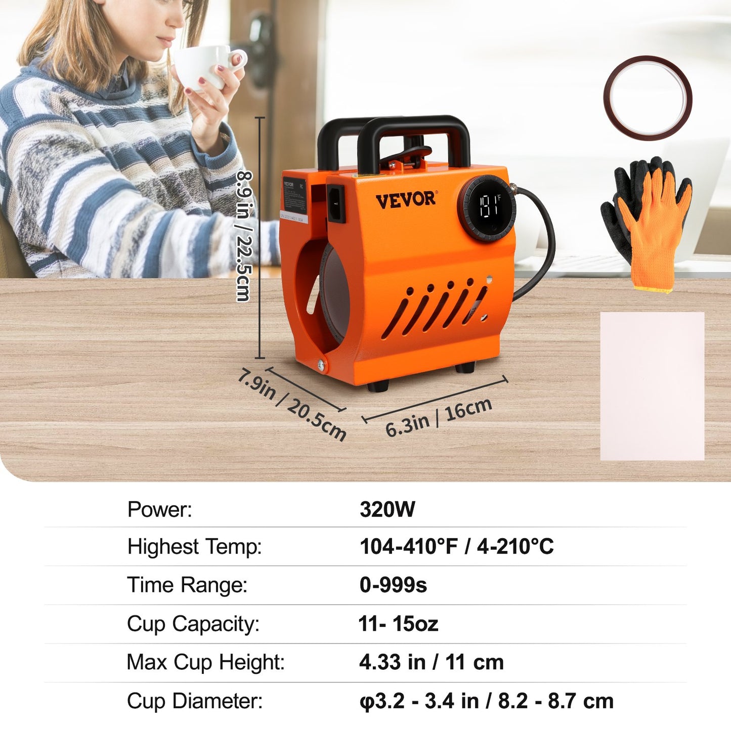 Mug Heat Press, Mini Cup Press Machine, DIY Sublimation Blanks 311.8 g-425.2 g Coffee Mugs Tumblers, Handheld Lightweight Presser as Holiday Gift Present, Easy Press with Tape Gloves Accessories