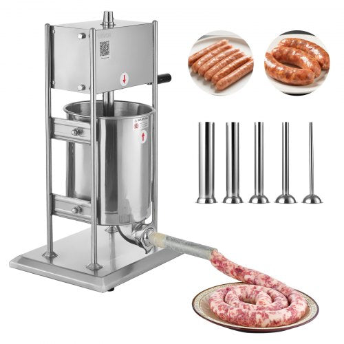 Manual Sausage Stuffer, 22 LBS / 10 L Vertical Meat Stuffer, Dual-Speed Sausage Casing Meat Filling Machine, Stainless Steel Heavy Duty Filler with 5 Stuffing Tubes, for Commercial & Home Use