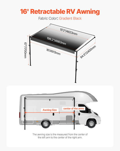 Manual RV Awning Complete Kit, 16' Retractable Awning with Aluminum Alloy Frame, Outdoor Trailer Awning, Fit for Most RVs(Black Fade)