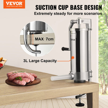 Sausage Stuffer, 5LBS/3L Capacity, 304 Stainless Steel Vertical Sausage Stuffer, Sausage Filling Machine with 3 Stuffing Tubes, Suction Base and Manual Crank for Household or Commercial Use