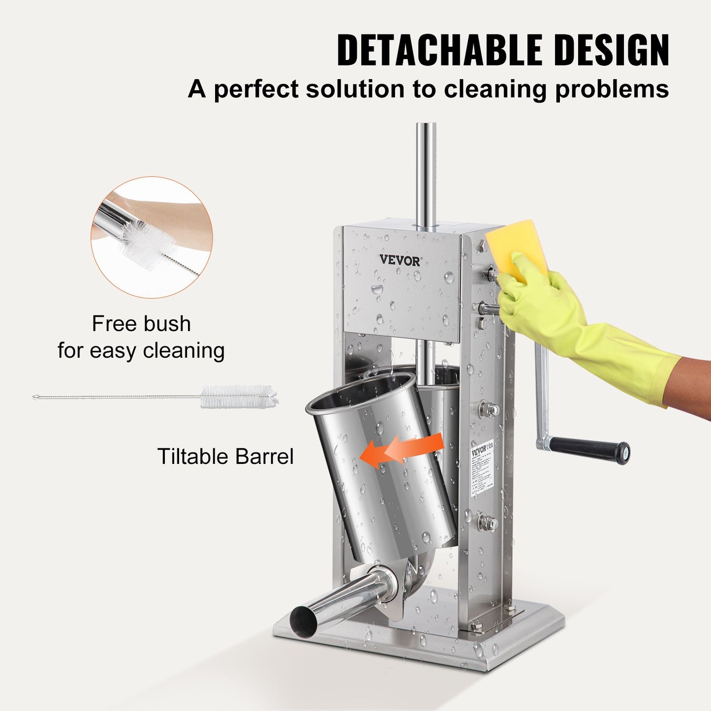 Manuelle Wurstfüllmaschine, 5 Pfund/3 Liter Fassungsvermögen, zwei Geschwindigkeiten, vertikaler Wurstfüller aus Edelstahl 304, Wurstfüllmaschine mit 4 Füllrohren, Saugfuß für den privaten oder gewerblichen Gebrauch