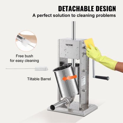 Manuelle Wurstfüllmaschine, 5 Pfund/3 Liter Fassungsvermögen, zwei Geschwindigkeiten, vertikaler Wurstfüller aus Edelstahl 304, Wurstfüllmaschine mit 4 Füllrohren, Saugfuß für den privaten oder gewerblichen Gebrauch