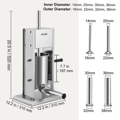 Manuelle Wurstfüllmaschine, 5 Pfund/3 Liter Fassungsvermögen, zwei Geschwindigkeiten, vertikaler Wurstfüller aus Edelstahl 304, Wurstfüllmaschine mit 4 Füllrohren, Saugfuß für den privaten oder gewerblichen Gebrauch