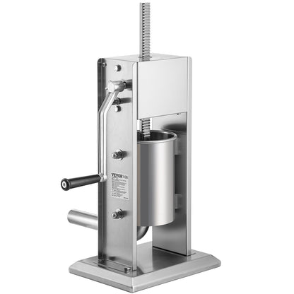 Manuelle Wurstfüllmaschine, 5 Pfund/3 Liter Fassungsvermögen, zwei Geschwindigkeiten, vertikaler Wurstfüller aus Edelstahl 304, Wurstfüllmaschine mit 4 Füllrohren, Saugfuß für den privaten oder gewerblichen Gebrauch