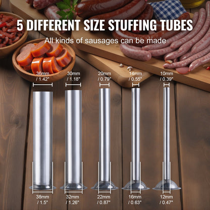 Manual Sausage Stuffer, 7 L / 15 LBS Vertical Sausage Machine, Dual-Speed Meat Stuffer, Made of Food-Grade 304 Stainless Steel, Includes 5 Stuffing Tubes, for Home Kitchen Restaurant Commercial