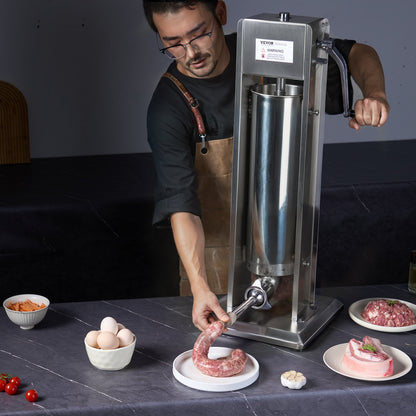 Manual Sausage Stuffer, 7 L / 15 LBS Vertical Sausage Machine, Dual-Speed Meat Stuffer, Made of Food-Grade 304 Stainless Steel, Includes 5 Stuffing Tubes, for Home Kitchen Restaurant Commercial