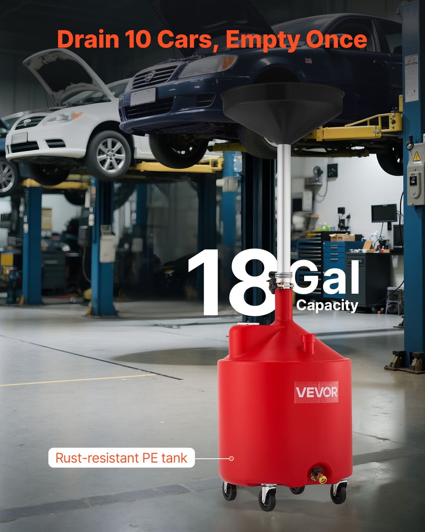 68L Waste Oil Drain Tank, Industrial Fluid Drain Tank with Adjustable Funnel Height, Portable Oil Drainer with Wheels, Fluid Fuel Transfer Drainage for Auto Repair Shops, Garages, Red