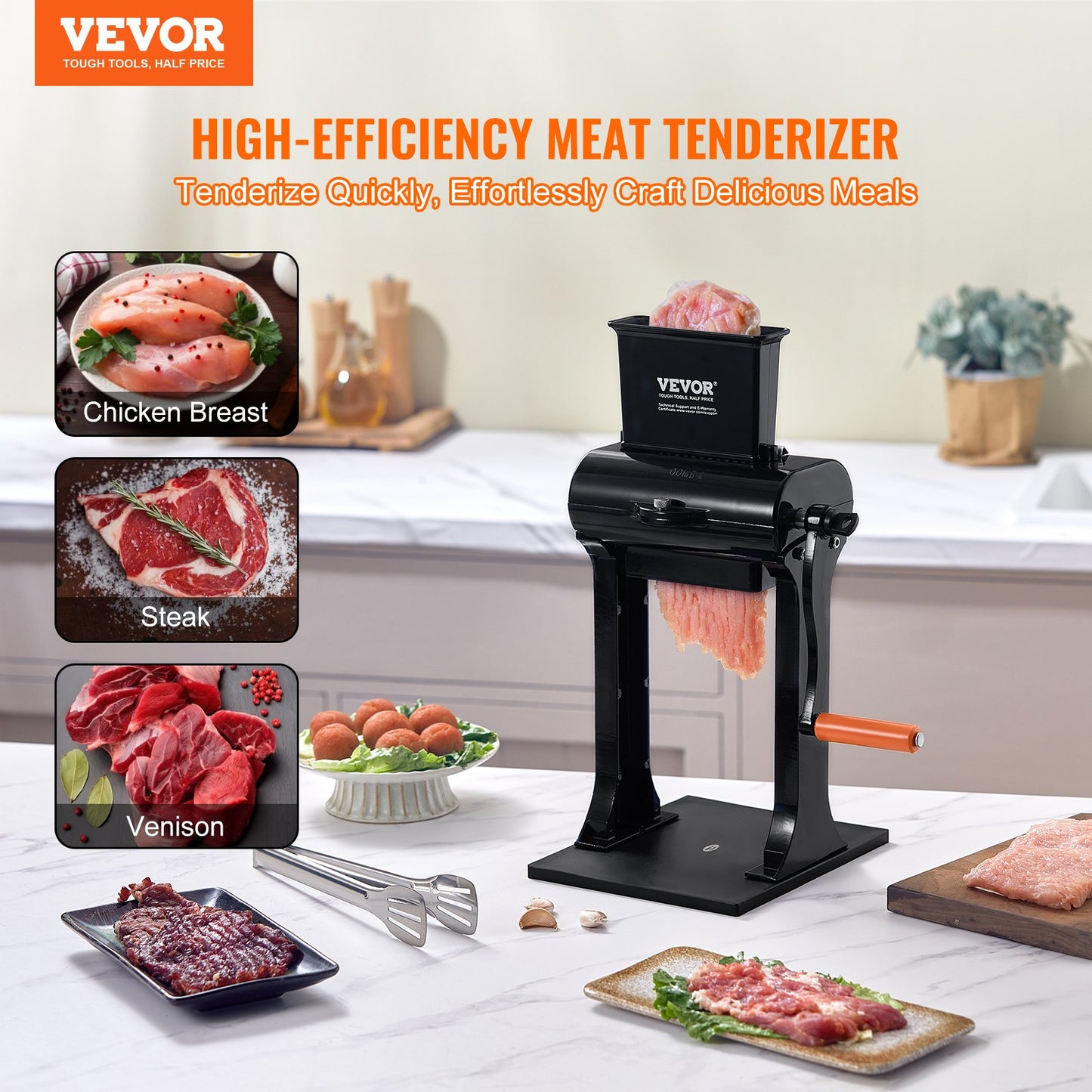 Commercial Meat Tenderizer, Heavy Duty Stainless Steel Meat Tenderizer Machine, Quick and Easy Manual Operation Kitchen Tool, 14.7 cm Feed Port for Beef, Turkey, Chicken, Pork, Steak, and Fish