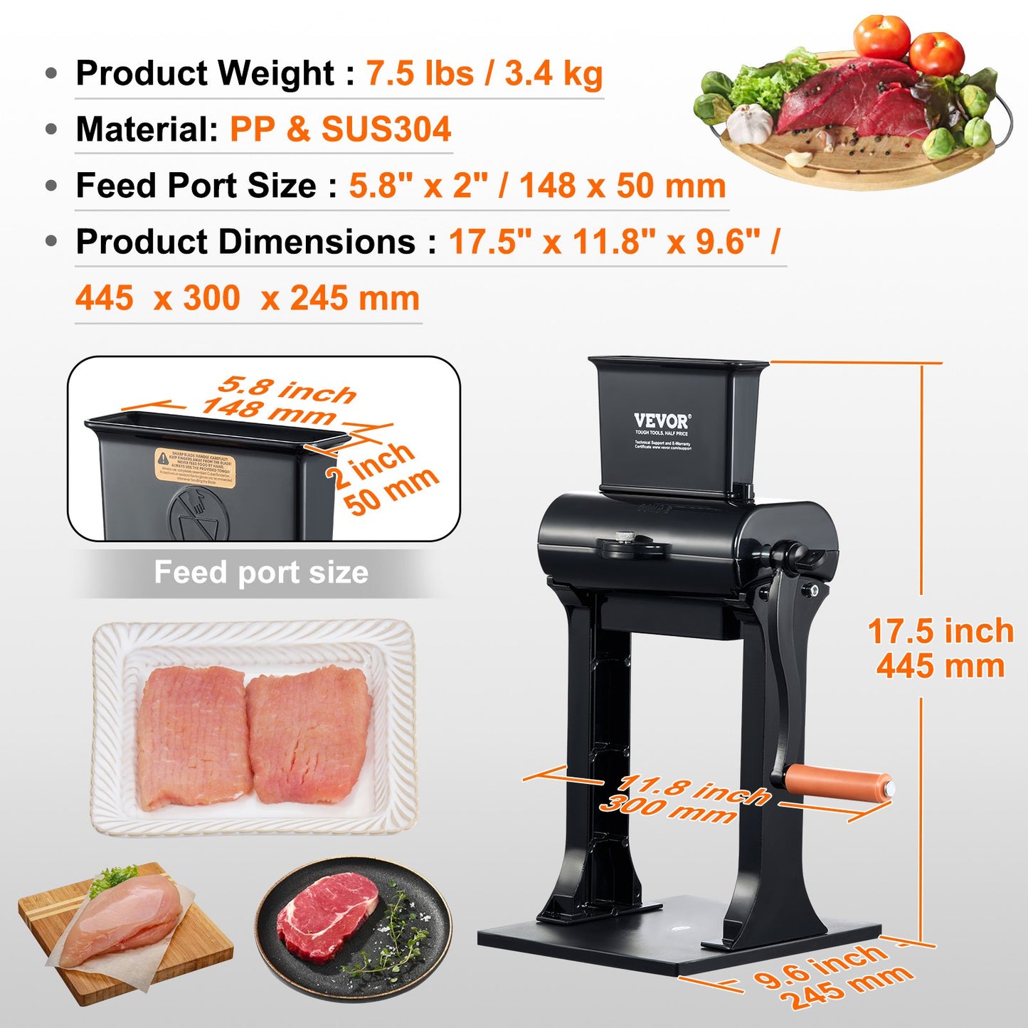 Commercial Meat Tenderizer, Heavy Duty Stainless Steel Meat Tenderizer Machine, Quick and Easy Manual Operation Kitchen Tool, 14.7 cm Feed Port for Beef, Turkey, Chicken, Pork, Steak, and Fish