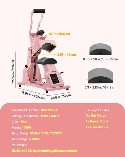 Hat Heat Press Machine, with 2pcs Interchangeable Platens, Precise Temperature and Time Control, Hat Press for HTV Iron On and Sublimation Projects, for Caps, Headbands, Cuffs, Face Masks, Pink