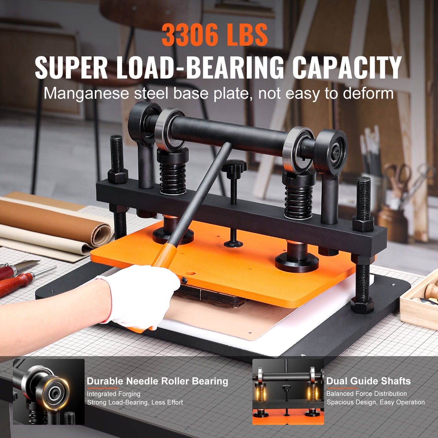 Lederschneidemaschine, 36 x 25,9 cm Prägeplatte, manuelle Stanzmaschine, 1,2 cm Hub, Lederprägemaschine mit zwei Führungswellen für verschiedene Materialien