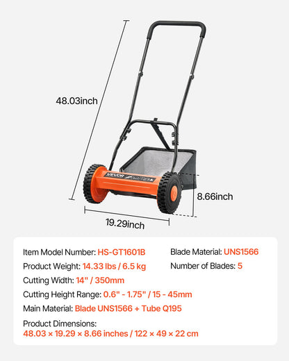 Push Reel Lawn Mower 35 cm, 5 Blades Manual Push Mower No Motor, 15-45 mm Adjustable Cutting Height, Walk-Behind Lawn Mowers with Grass Catcher Bag for Green Lawns, Driveways, Courtyards