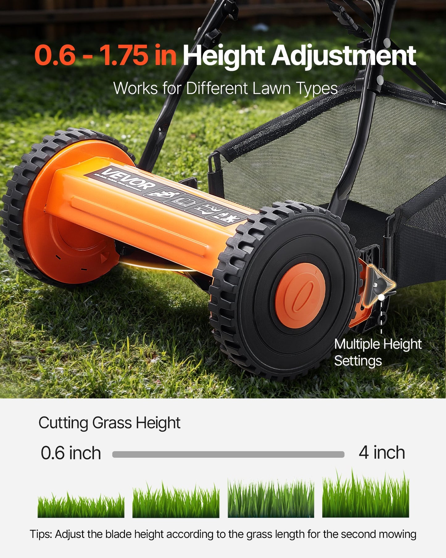 Push Reel Lawn Mower 40 cm, 5 Blades Manual Push Mower No Motor, 15-45 mm Adjustable Cutting Height, Walk-Behind Lawn Mowers with Grass Catcher Bag for Green Lawns, Driveways, Courtyards