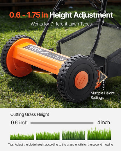 Push Reel Lawn Mower 40 cm, 5 Blades Manual Push Mower No Motor, 15-45 mm Adjustable Cutting Height, Walk-Behind Lawn Mowers with Grass Catcher Bag for Green Lawns, Driveways, Courtyards