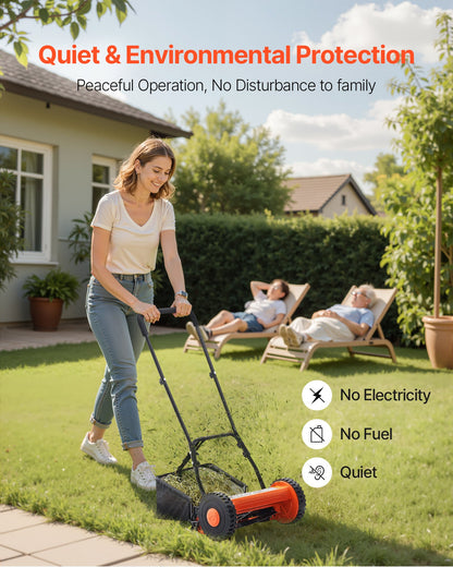 Push Reel Lawn Mower 40 cm, 5 Blades Manual Push Mower No Motor, 15-45 mm Adjustable Cutting Height, Walk-Behind Lawn Mowers with Grass Catcher Bag for Green Lawns, Driveways, Courtyards