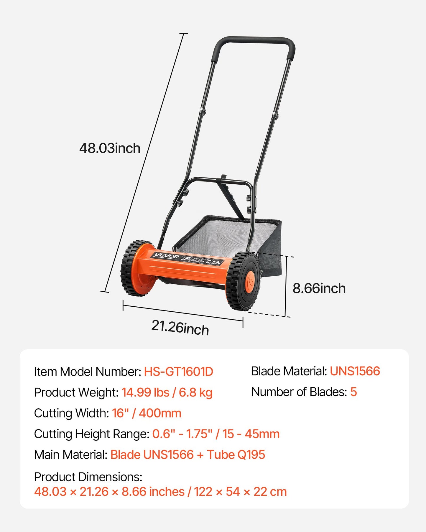 Push Reel Lawn Mower 40 cm, 5 Blades Manual Push Mower No Motor, 15-45 mm Adjustable Cutting Height, Walk-Behind Lawn Mowers with Grass Catcher Bag for Green Lawns, Driveways, Courtyards