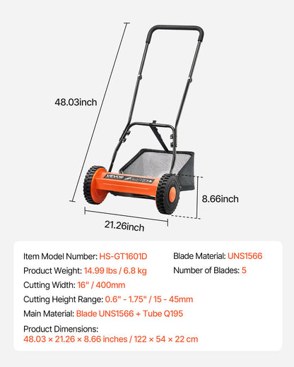 Push Reel Lawn Mower 40 cm, 5 Blades Manual Push Mower No Motor, 15-45 mm Adjustable Cutting Height, Walk-Behind Lawn Mowers with Grass Catcher Bag for Green Lawns, Driveways, Courtyards