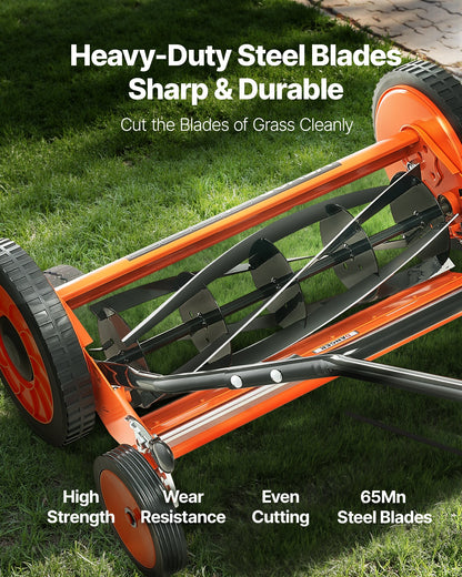 Push Reel Lawn Mower 45 cm, 5 Blades Manual Push Mower No Motor, 35- 62mm Adjustable Cutting Height, Walk-Behind Lawn Mowers with Grass Catcher Bag for Green Lawns, Driveways, Courtyards