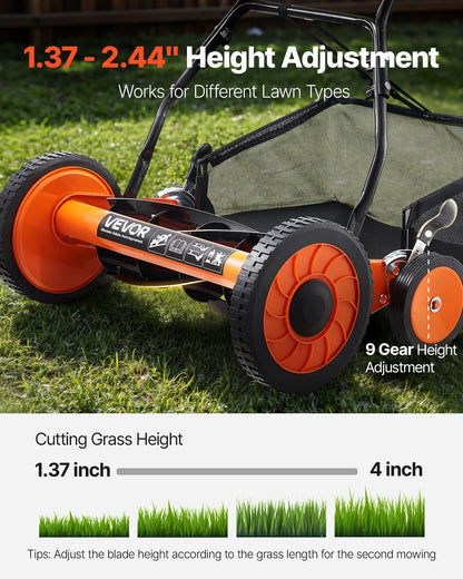 Push Reel Lawn Mower 45 cm, 5 Blades Manual Push Mower No Motor, 35- 62mm Adjustable Cutting Height, Walk-Behind Lawn Mowers with Grass Catcher Bag for Green Lawns, Driveways, Courtyards
