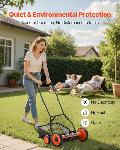 Push Reel Lawn Mower 45 cm, 5 Blades Manual Push Mower No Motor, 35- 62mm Adjustable Cutting Height, Walk-Behind Lawn Mowers with Grass Catcher Bag for Green Lawns, Driveways, Courtyards