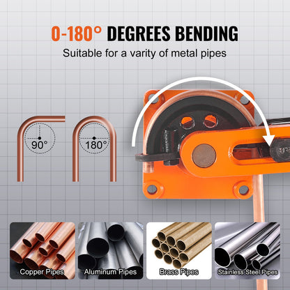 Pipe Tube Bender, 9.5mm to 25.4mm OD Manual Pipe Tube Bender with 7 Bending Dies, 180° Copper Aluminum Pipes Bending Tools for HVAC Air Conditioning Refrigerator Auto Repair