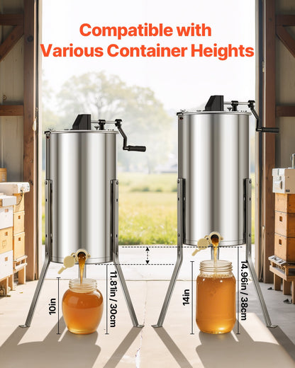 Honey Extractor, 2 Frame Manual Honey Spinner with Transparent Lid, Stainless Steel Honeycomb Drum Spinner with Height Adjustable Stand, Honeycomb Extraction Centrifuge Equipment for Beekeeping