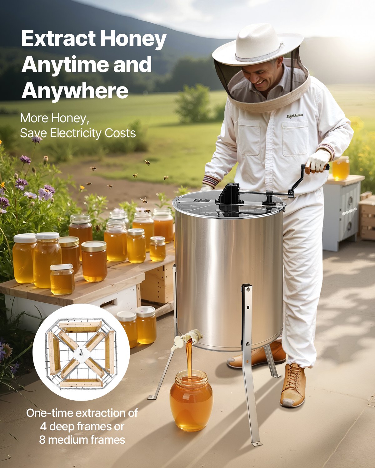 Honey Extractor, 4/8 Frame Manual Honey Spinner with Transparent Lid, Stainless Steel Honeycomb Drum Spinner with Height Adjustable Stand, Honeycomb Extraction Equipment for Beekeeping