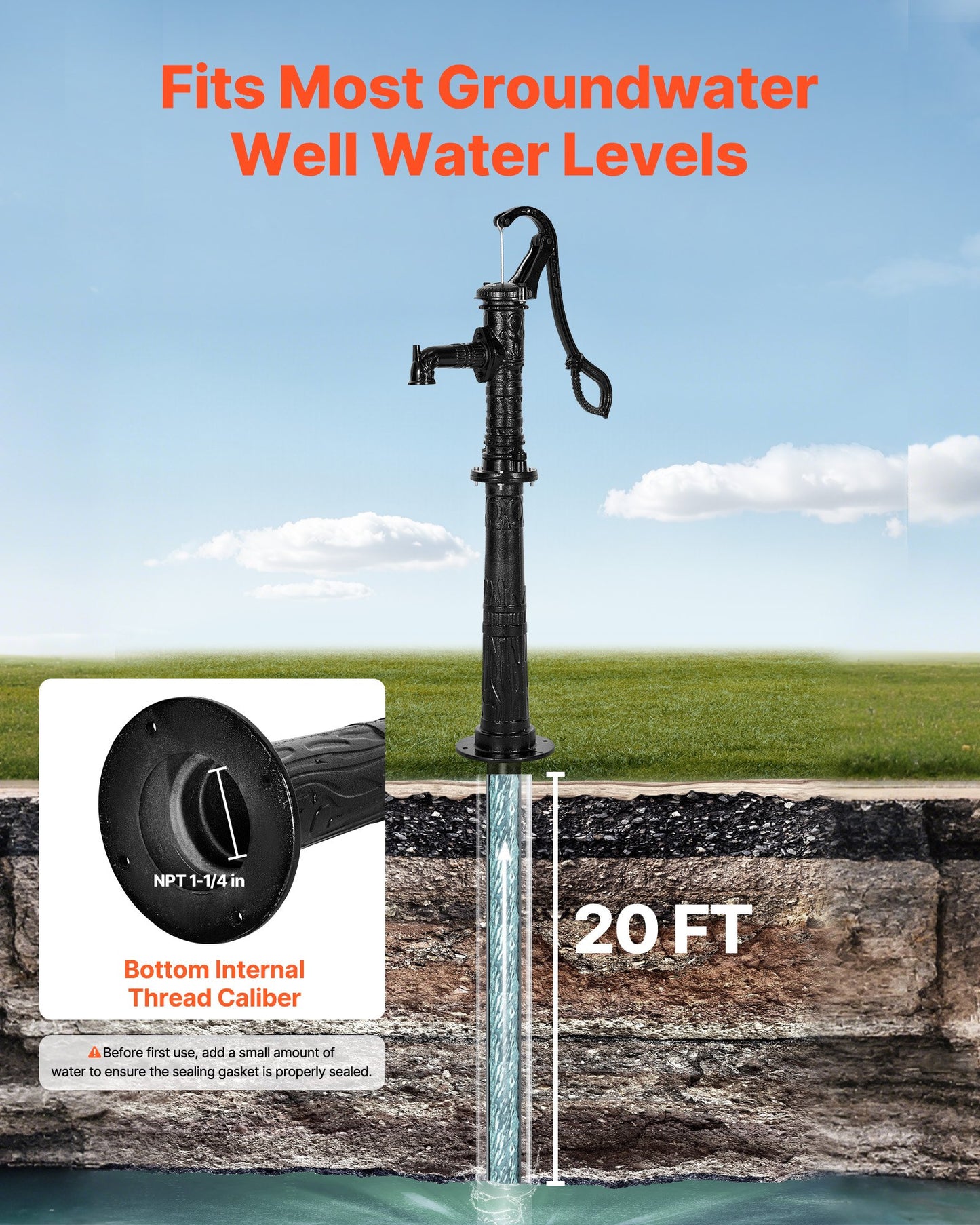 Well Hand Pitcher Pump, 20 ft Max Lift, Antique Cast Iron Manual Hand Water Pump with Heightening Base, NPT 1-1/4 in Connection, Easy Installation, for Outdoor Garden, Pond, Yard, Farm, Black