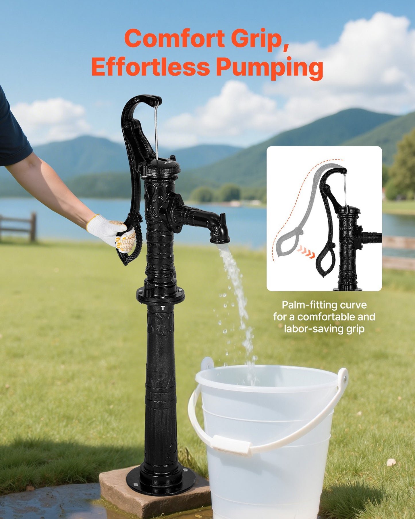 Well Hand Pitcher Pump, 20 ft Max Lift, Antique Cast Iron Manual Hand Water Pump with Heightening Base, NPT 1-1/4 in Connection, Easy Installation, for Outdoor Garden, Pond, Yard, Farm, Black