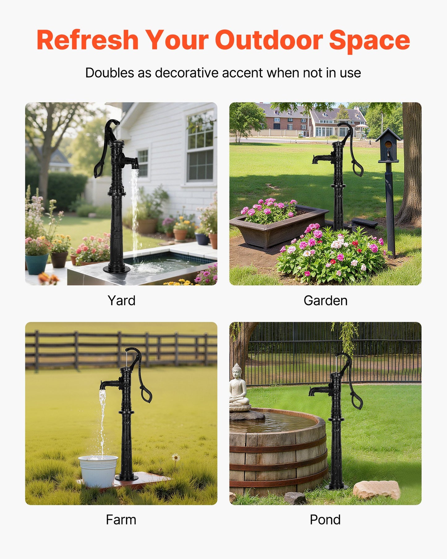 Well Hand Pitcher Pump, 20 ft Max Lift, Antique Cast Iron Manual Hand Water Pump with Heightening Base, NPT 1-1/4 in Connection, Easy Installation, for Outdoor Garden, Pond, Yard, Farm, Black