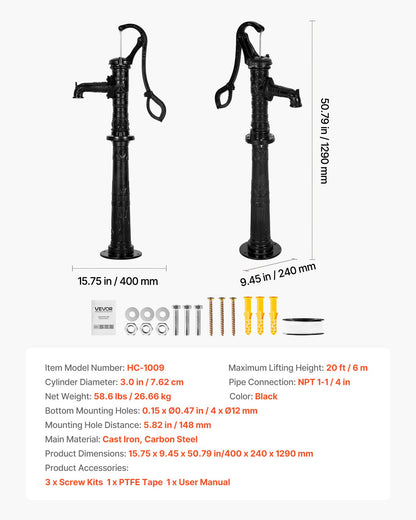 Well Hand Pitcher Pump, 20 ft Max Lift, Antique Cast Iron Manual Hand Water Pump with Heightening Base, NPT 1-1/4 in Connection, Easy Installation, for Outdoor Garden, Pond, Yard, Farm, Black