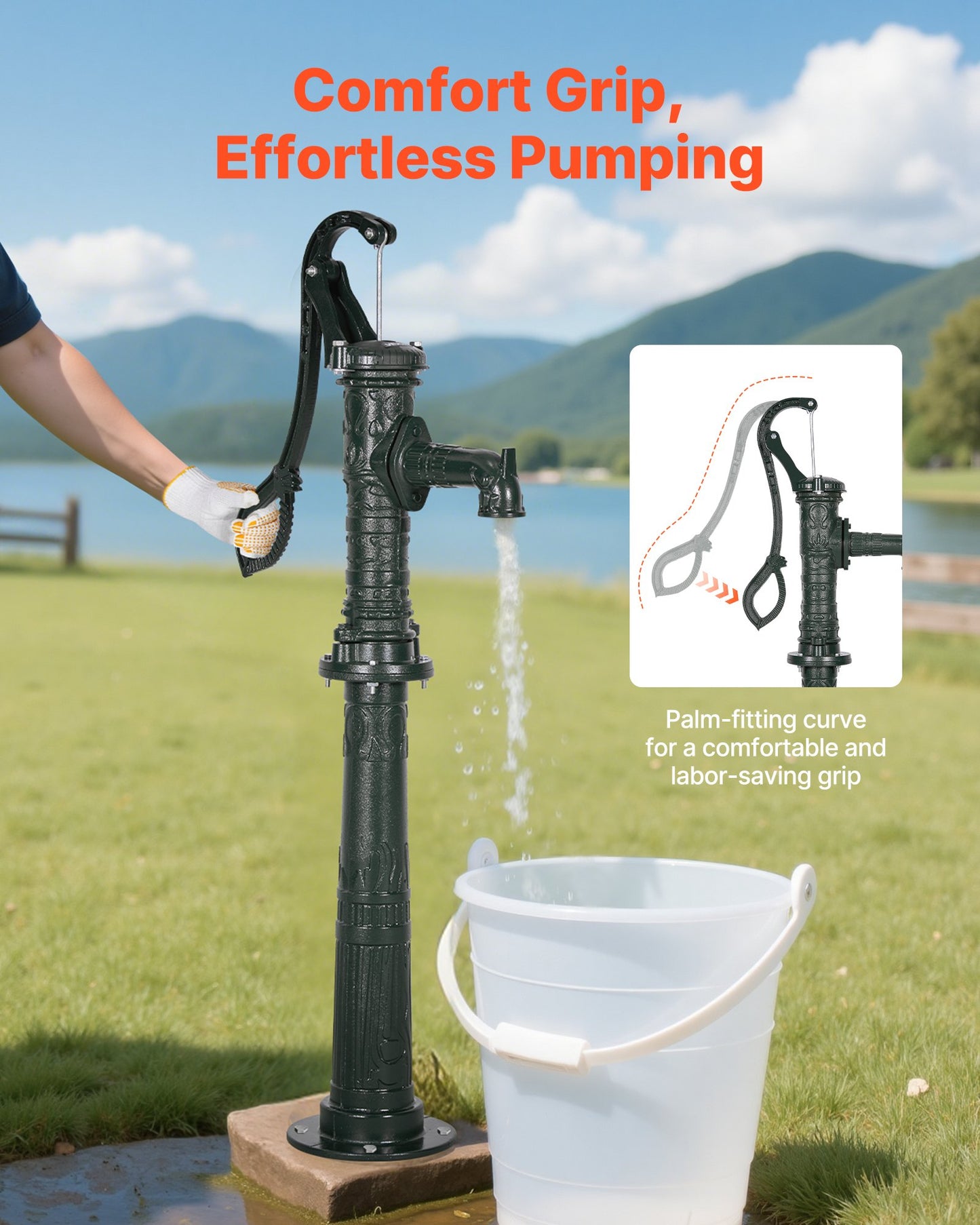 Well Hand Pitcher Pump, 20 ft Max Lift, Antique Cast Iron Manual Hand Water Pump with Heightening Base, NPT 1-1/4 in Connection, Easy Installation, for Outdoor Garden, Pond, Yard, Farm, Green