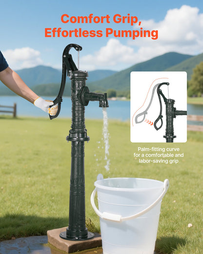 Well Hand Pitcher Pump, 20 ft Max Lift, Antique Cast Iron Manual Hand Water Pump with Heightening Base, NPT 1-1/4 in Connection, Easy Installation, for Outdoor Garden, Pond, Yard, Farm, Green