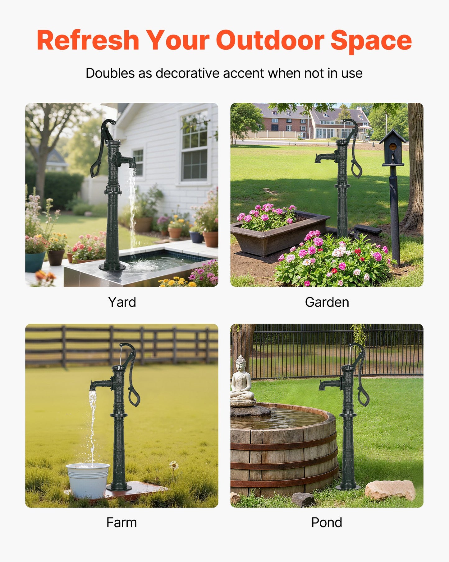 Well Hand Pitcher Pump, 20 ft Max Lift, Antique Cast Iron Manual Hand Water Pump with Heightening Base, NPT 1-1/4 in Connection, Easy Installation, for Outdoor Garden, Pond, Yard, Farm, Green