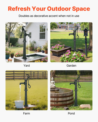 Well Hand Pitcher Pump, 20 ft Max Lift, Antique Cast Iron Manual Hand Water Pump with Heightening Base, NPT 1-1/4 in Connection, Easy Installation, for Outdoor Garden, Pond, Yard, Farm, Green